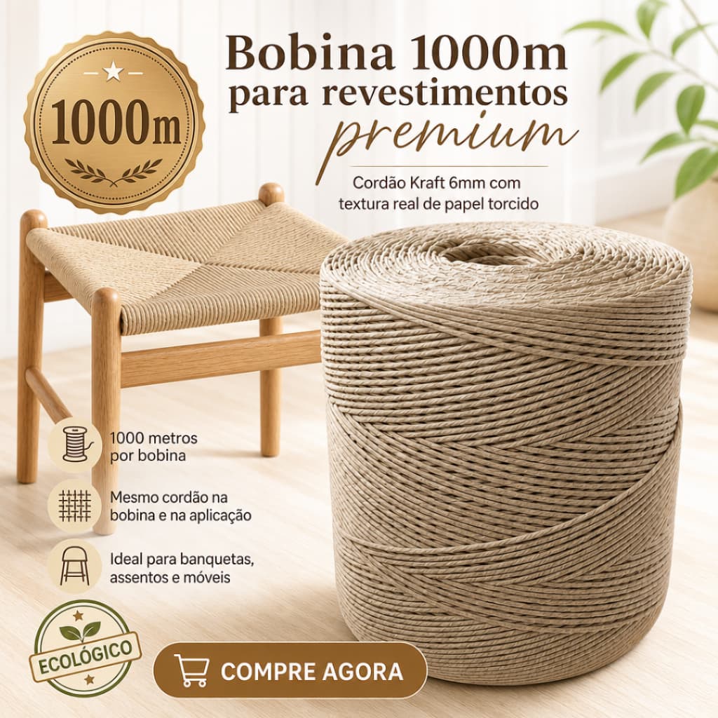 1000 mts Fio Corda De Papel 6mm Ecológico Artesanato Móveis Decoração Kraft Natural