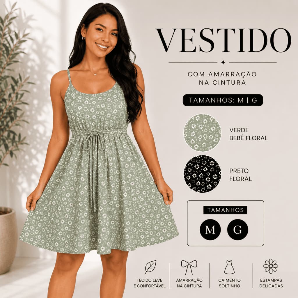 Vestido Floral Feminino em Crepinho Estampado – Tamanho (M,G) e com Amarração