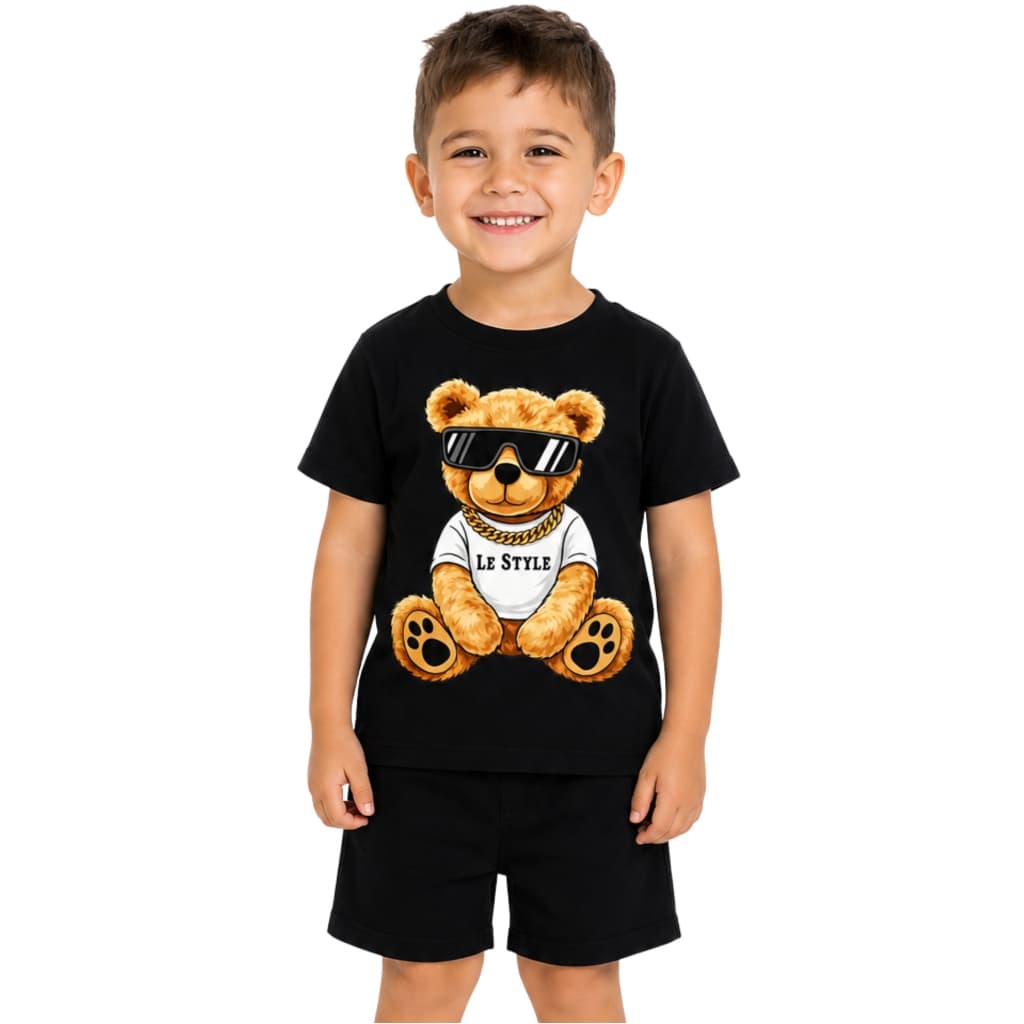 Kit 2 peças camiseta + bermuda conjunto infantil menino estampa urso moda casual