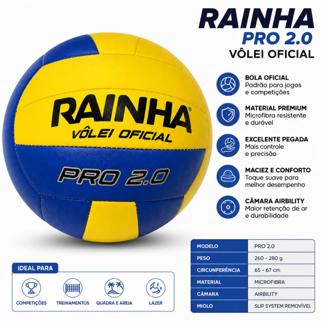 Bola de Vôlei Rainha Pro 2.0 Oficial – Microfibra | Quadra e Areia