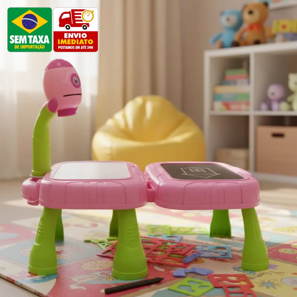 Mesa Infantil Projetora de Desenho 2 em 1 Lousa Mágica Lousa Giz Maleta Azul ou Rosa