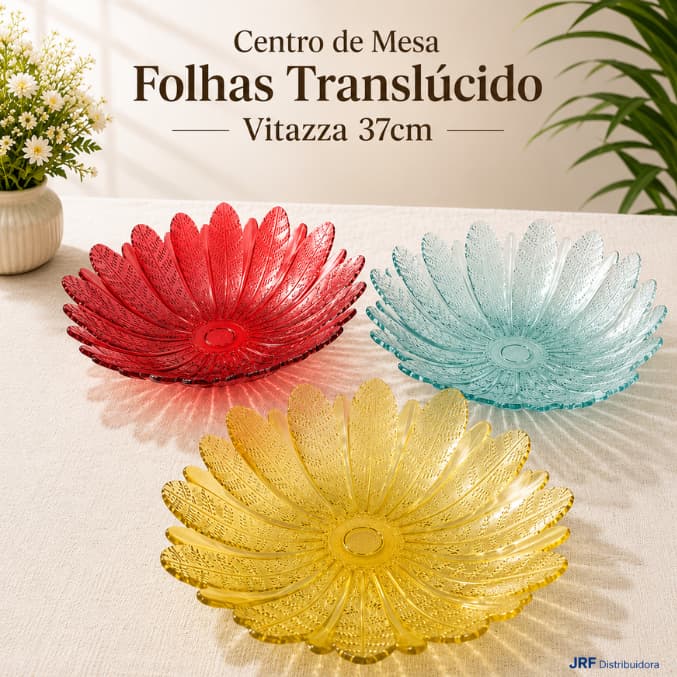 Centro De Mesa Multiuso Folhas Vitazza Translúcido 37cm Cores Variadas Fruteira Decorativa