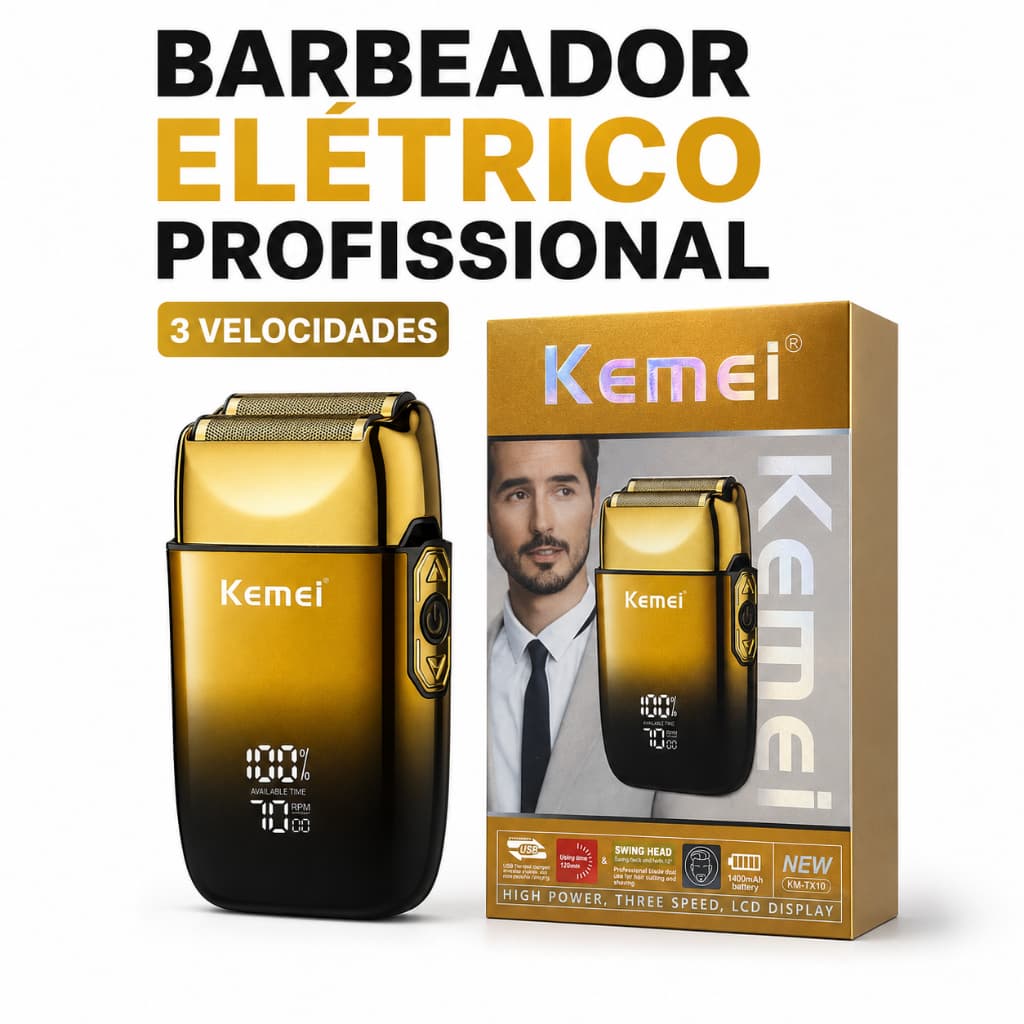 Barbeador Elétrico Kemei KM-TX10 Dupla Lâmina 3 Velocidades Visor Digital Recarregável USB