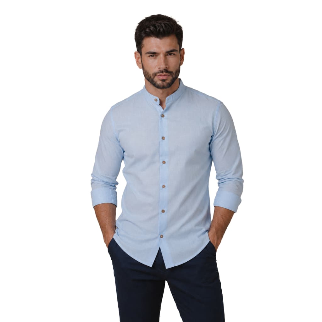 Camisa Social Gola Padre Linho Azul Manga Longa Masculina