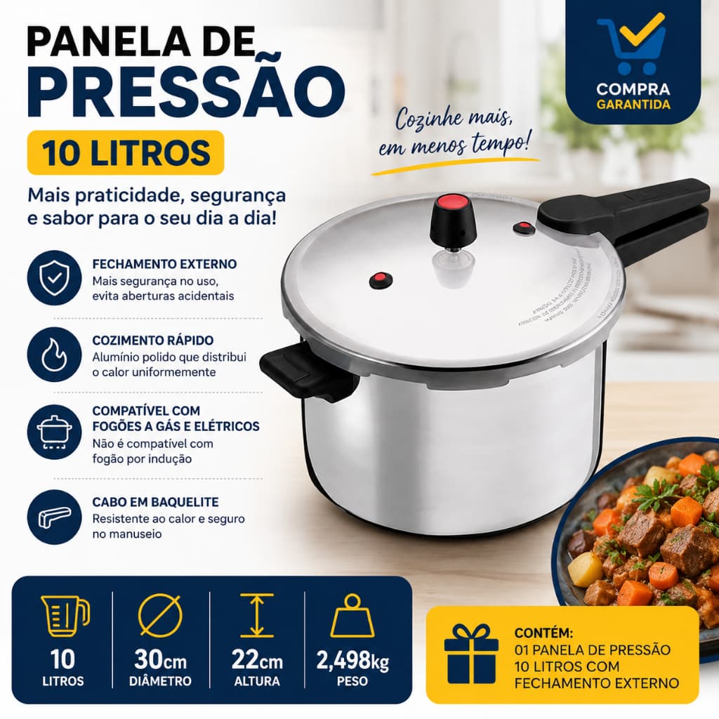 Panela Pressao Alta Capacidade 10 Litros Fechamento Externo Rápida Segura Cozinha