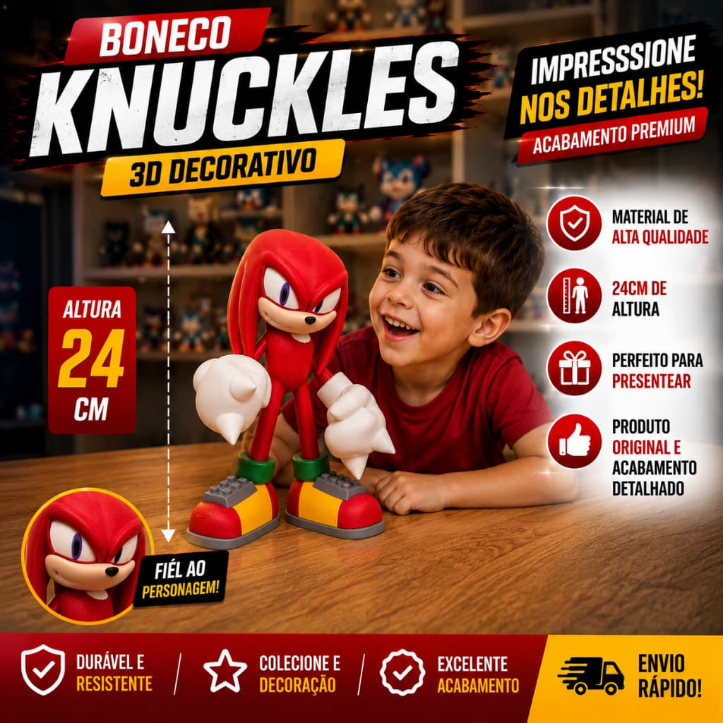 Knuckles Boneco Sonic Colecionável 24cm | Action Figure Decorativo 3D