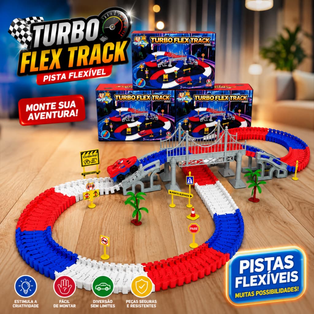 Pista Flexível Turbo Flex Track com 234 Peças com Ponte e Carrinho Elétrico