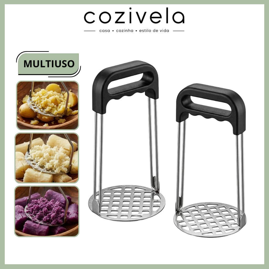 Amassador Batata Inox com Cabo Plastico Preto Multiuso Utensílio
