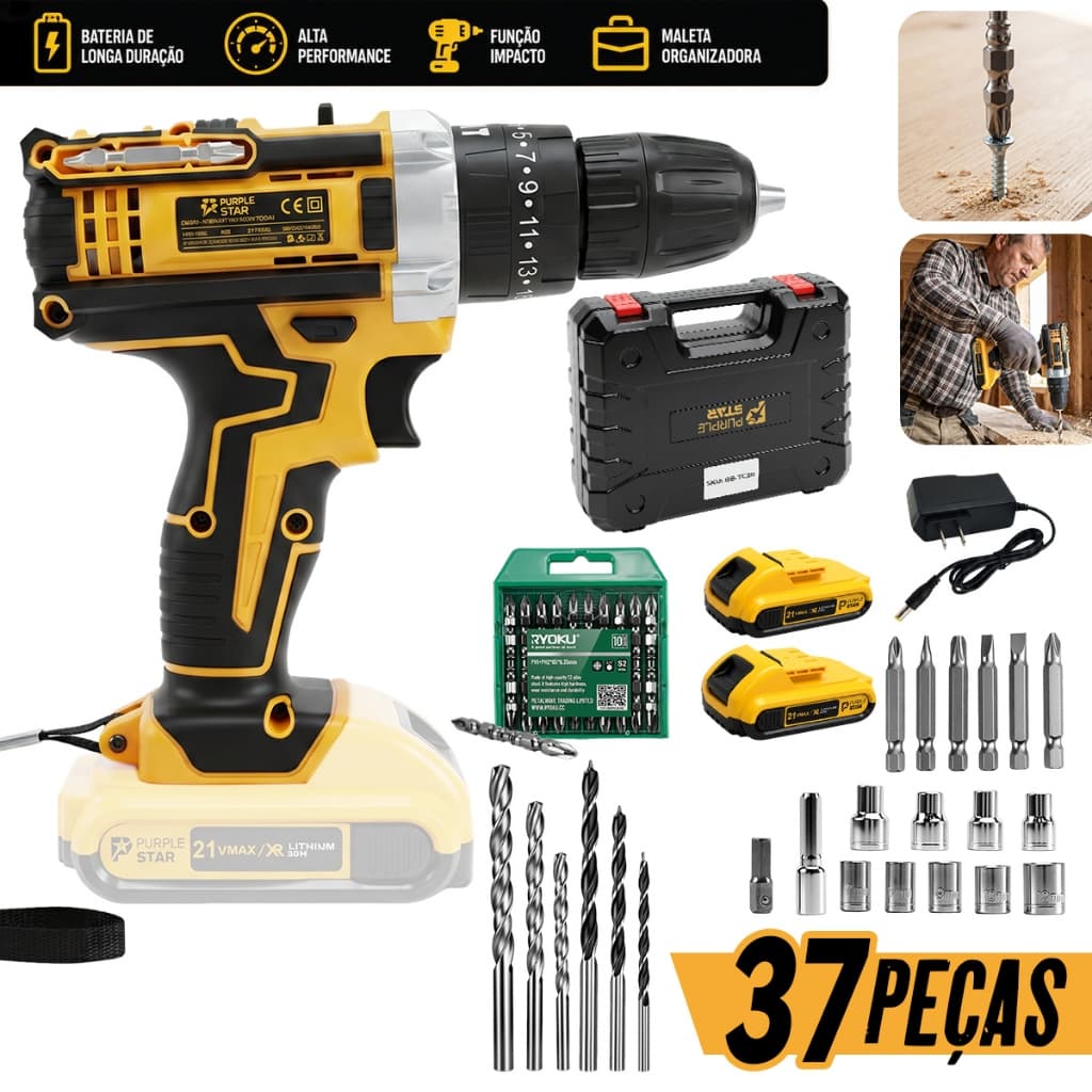 Kit Utensílios Manuais Furadeira Parafusadeira 21V Sem Fio Percussão 37 Unidades Duas Pilhas Bits Torx Allen