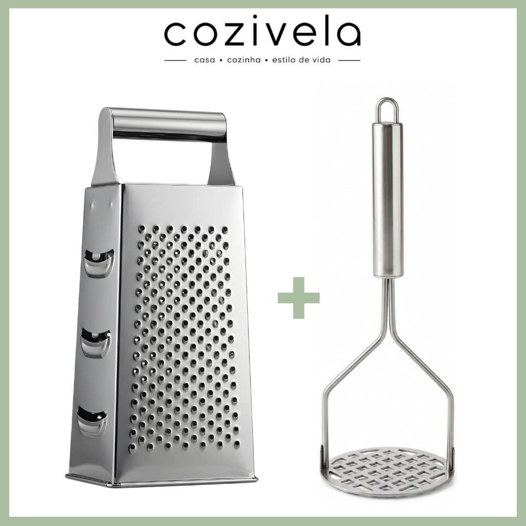Conjunto Kit Cozinha 2 em 1 Amassador de Batata Inox Ralador 4 Faces para Legumes Queijos e Purês