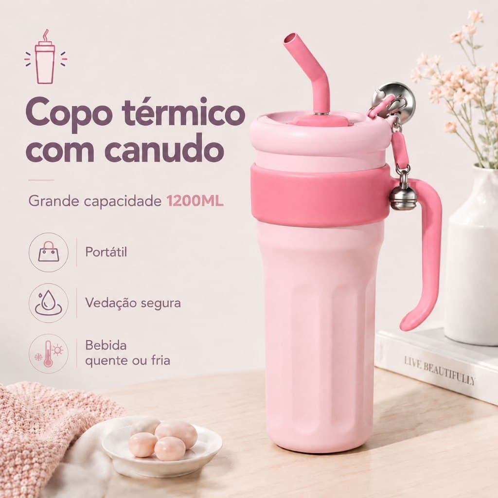 Caneca Térmica 1200ml com Alça | Inclui Canudo Inox e Pingente, Aço Inox , Bebida Fria e Quente, Portátil