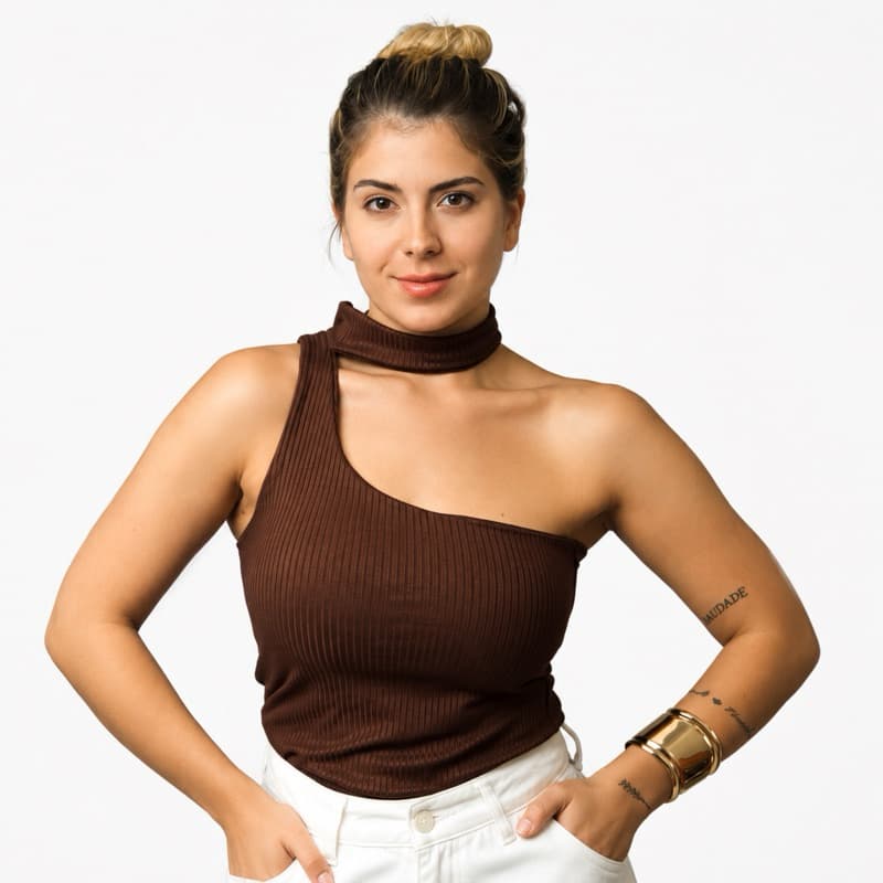 Blusa Feminina Manga Curta Choker Canelada Promoção