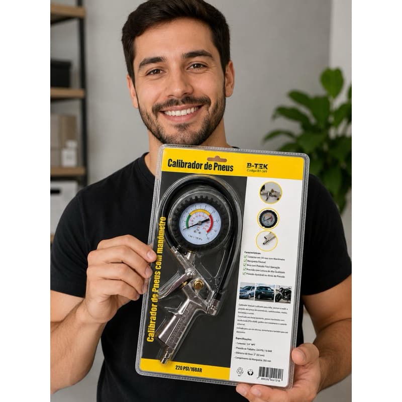 Calibrador De Pneus Com Manômetro Profissional B-TEK 220 PSI 16 BAR Pistola Encher Pneu Carro Moto