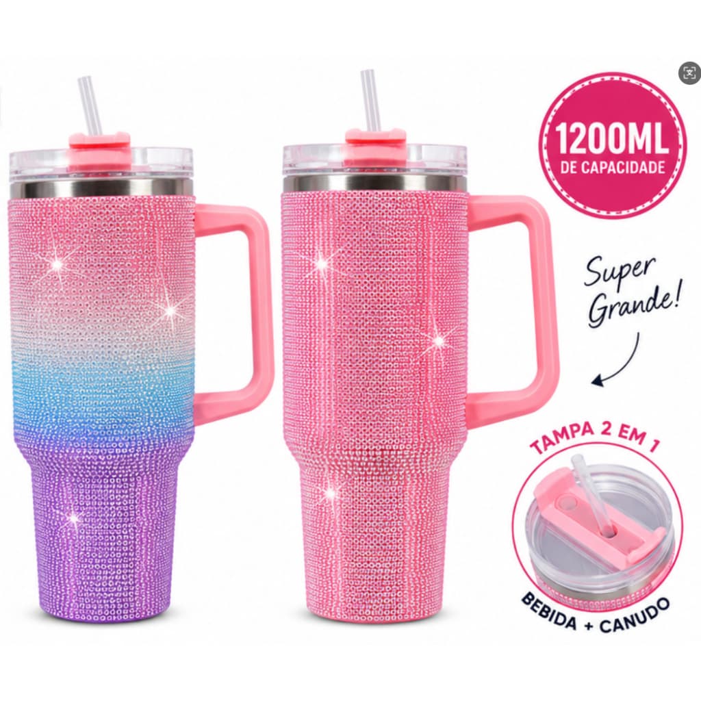 Garrafa Térmica 1200ml com Strass Copo Glitter Brilhante Inox com Alça e Canudo