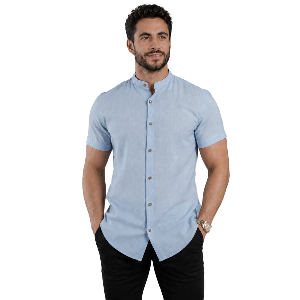 Camisa Social Gola Padre Linho Azul Masculina Camisete
