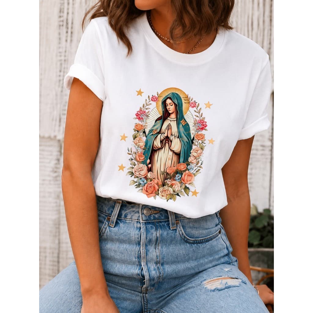 Camiseta Feminina Estampada Virgem Maria Blusa 100% Algodão Cristã Camisa Preto Branco Rosa Marrom