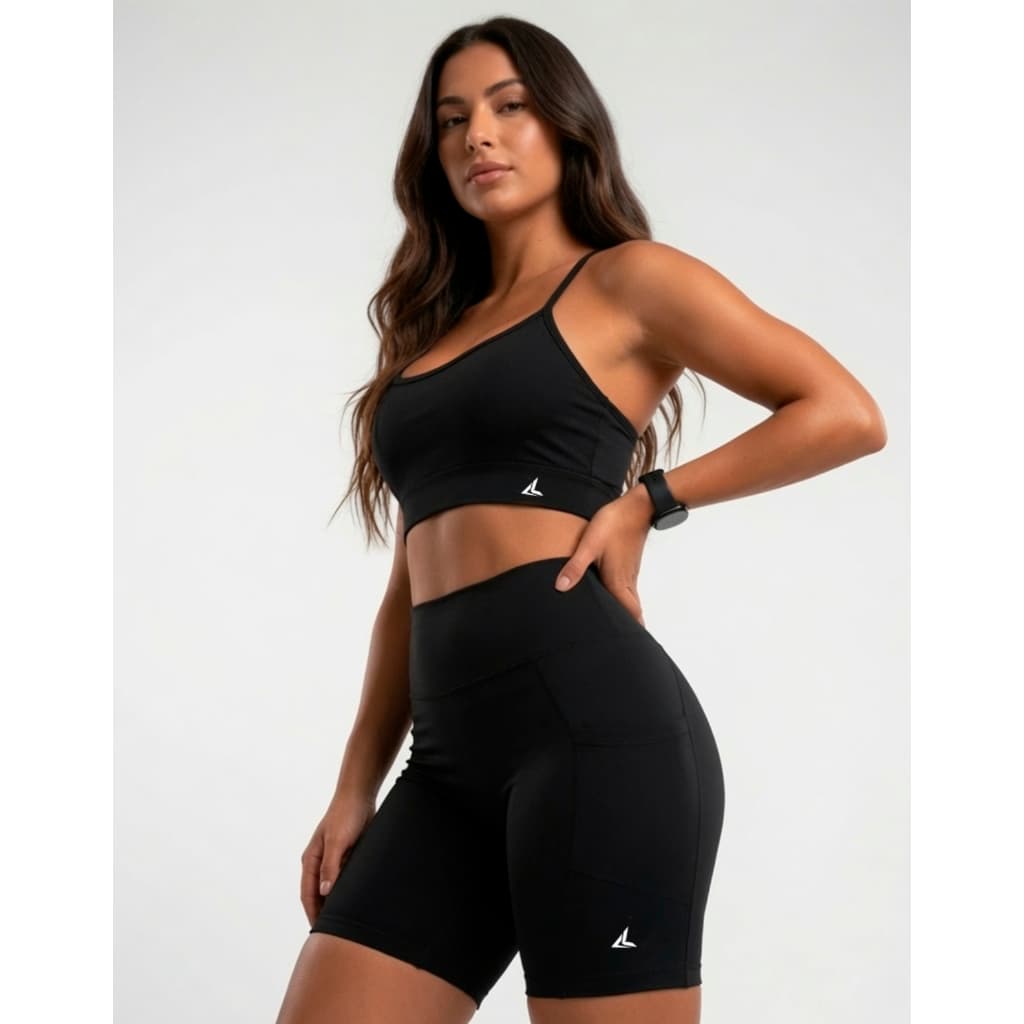 Conjunto Fitness Feminino  Blackout Kit Bermuda Academia Zero Transparência Short Corrida Com Bolsos Poliamida Top Espor