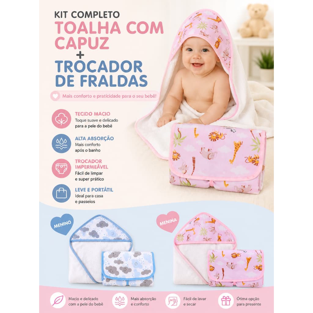 kit Toalha de Banho Infantil com Capuz + Trocador de Fraldas Portátil ESTAMPAS VÁRIADAS