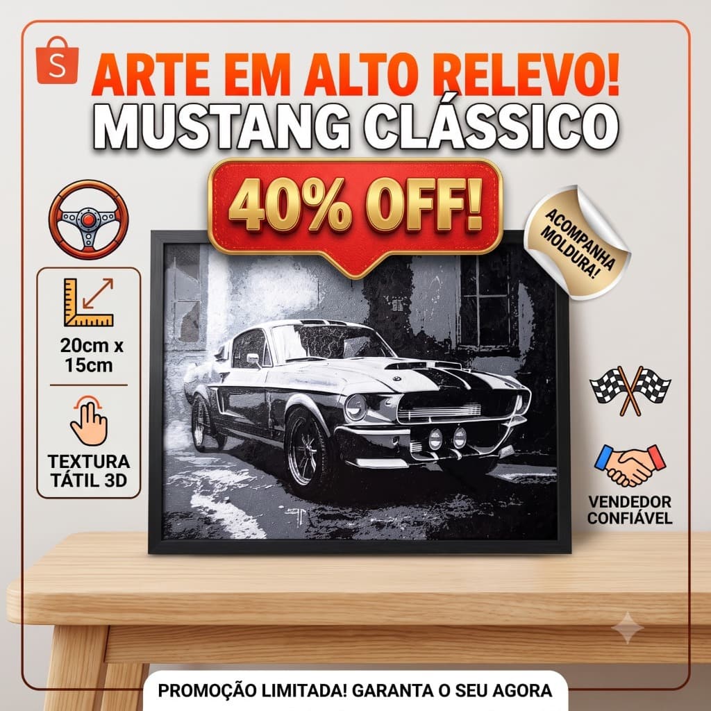 Quadro Decorativo Mustang Clássico Alto Relevo 20x15cm Com Moldura Arte 3D Carros