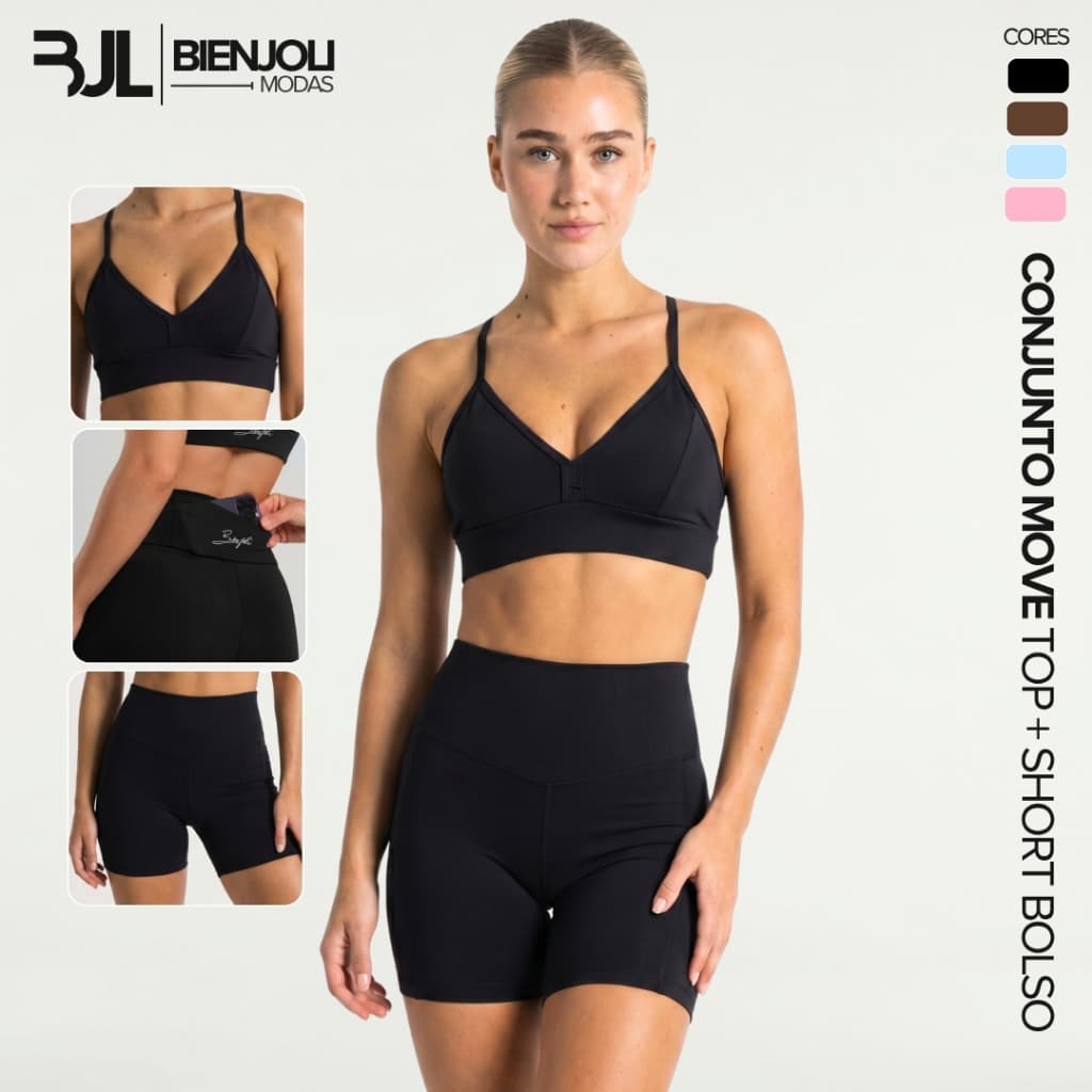Conjunto Top e Short com Bolso Fitness ZERO TRANSPARÊNCIA Feminino Decote Academia Treino Corrida