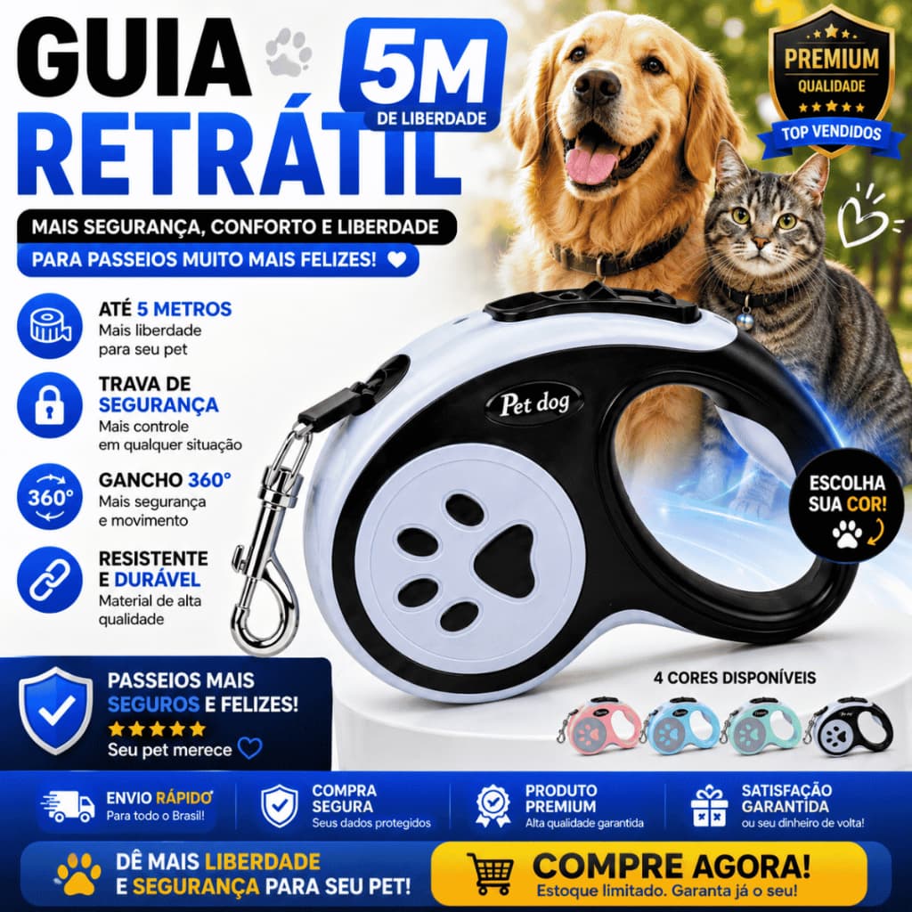 Guia Retrátil 5m para Cachorro e Gato com Trava de Segurança Coleira Resistente Premium