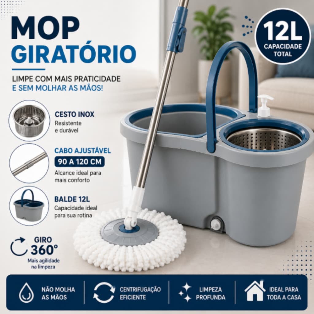 Mop Girátorio Profissional – Balde com Centrífuga Plastico 12L + Cabo Reforçado Ajustavel PROMOÇÃO