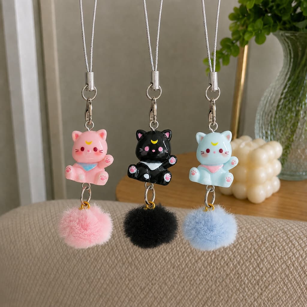 Chaveiro Feminino Acessorio de Gatinho com Pompom | Phone Strap Gatinho Fofo rosa/preto/azul