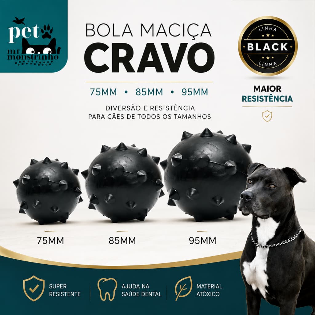 Kit 2un Bola Bolinha Cravo Maciça Resistente 75mm 85mm 95mm para Cachorro - Linha Black 2d Pet