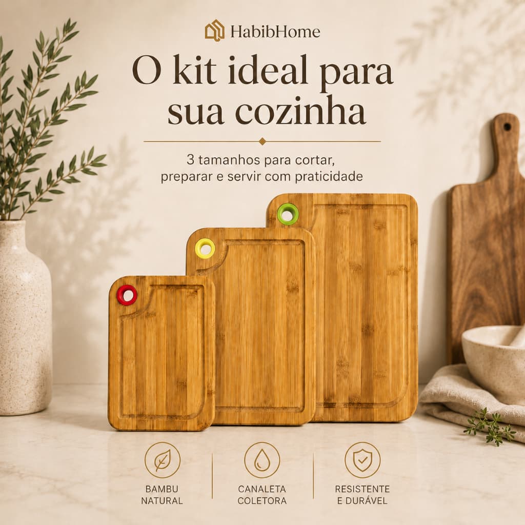 Tábua de Corte Bambu Premium com Puxador de Silicone – 3 Tamanhos Disponíveis
