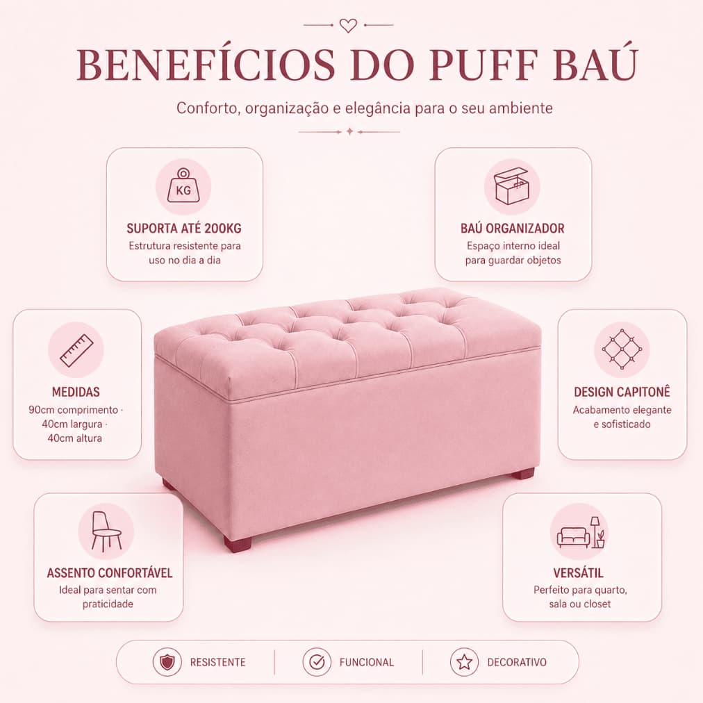 PUFF BAÚ RECAMIER 90CM CAPITONÊ ESTOFADO PREMIUM SUEDE ORGANIZADOR OBJETOS ROUPAS SAPATOS BRINQUEDOS