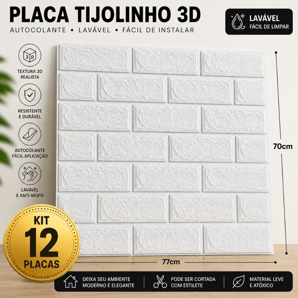 Lote 12 Placas Tijolinho Autocolante 70x77 Decoração Ambientes