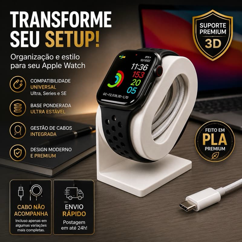 Suporte 3D para Apple Watch PLA Premium Organizador de Cabos Compatível Ultra Series SE Alta Qualidade Premium
