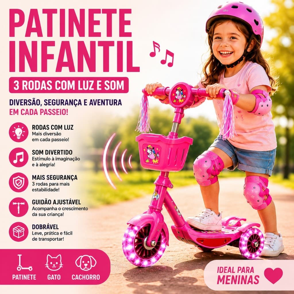 🩷 Patinete Infantil Dobrável 3 Rodas Rosa Com Luz Som Guidão Ajustável