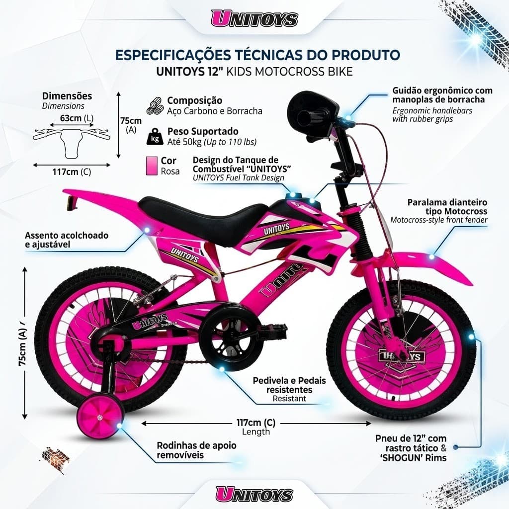 Bicicleta Infantil Moto Cross Aro 16 Rosa Com Rodinhas De Treinamento E Placa Frontal Bike Menina 4 A 8 Anos