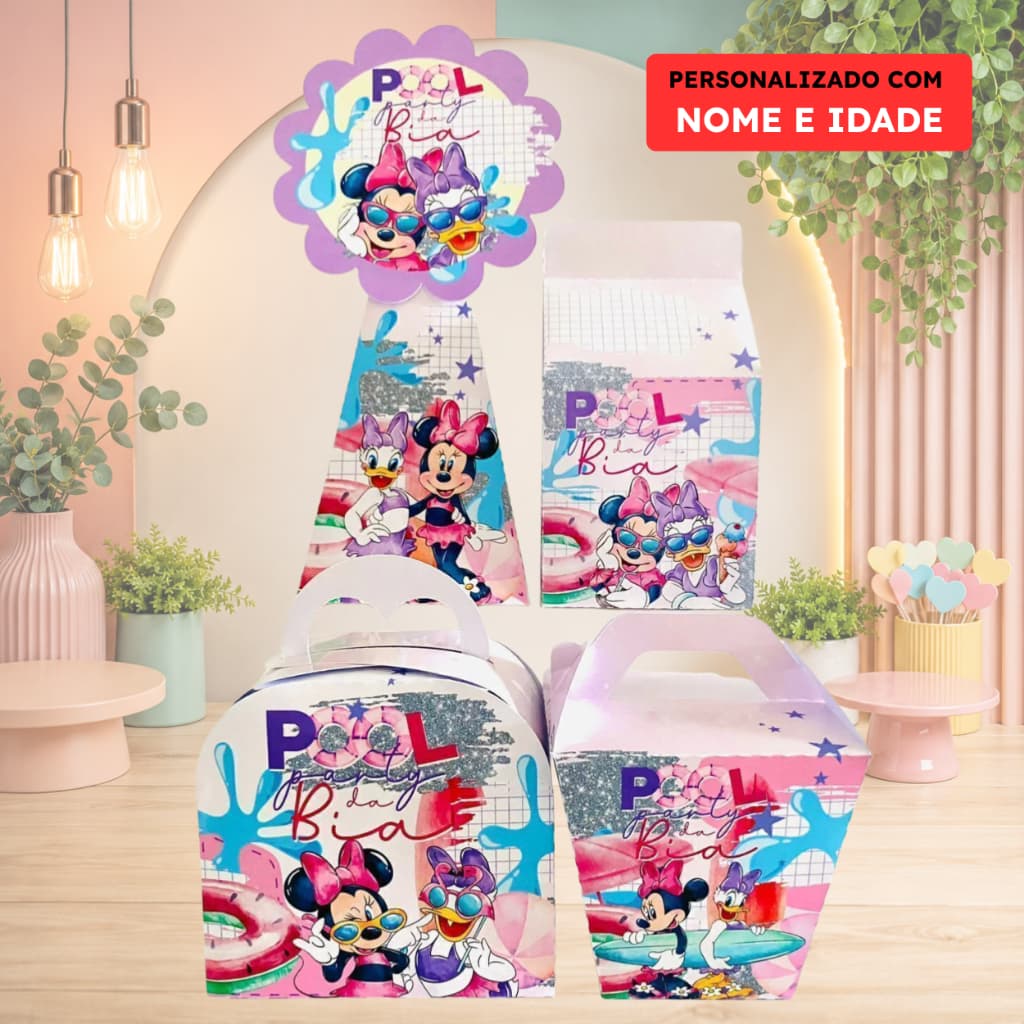 CAIXINHA MINNIE POOL PARTY - PEGUE E MONTE -  PERSONALIZADAS COM NOME E IDADE - KIT FESTA,  DECORAÇÃO, LEMBRANCINHA