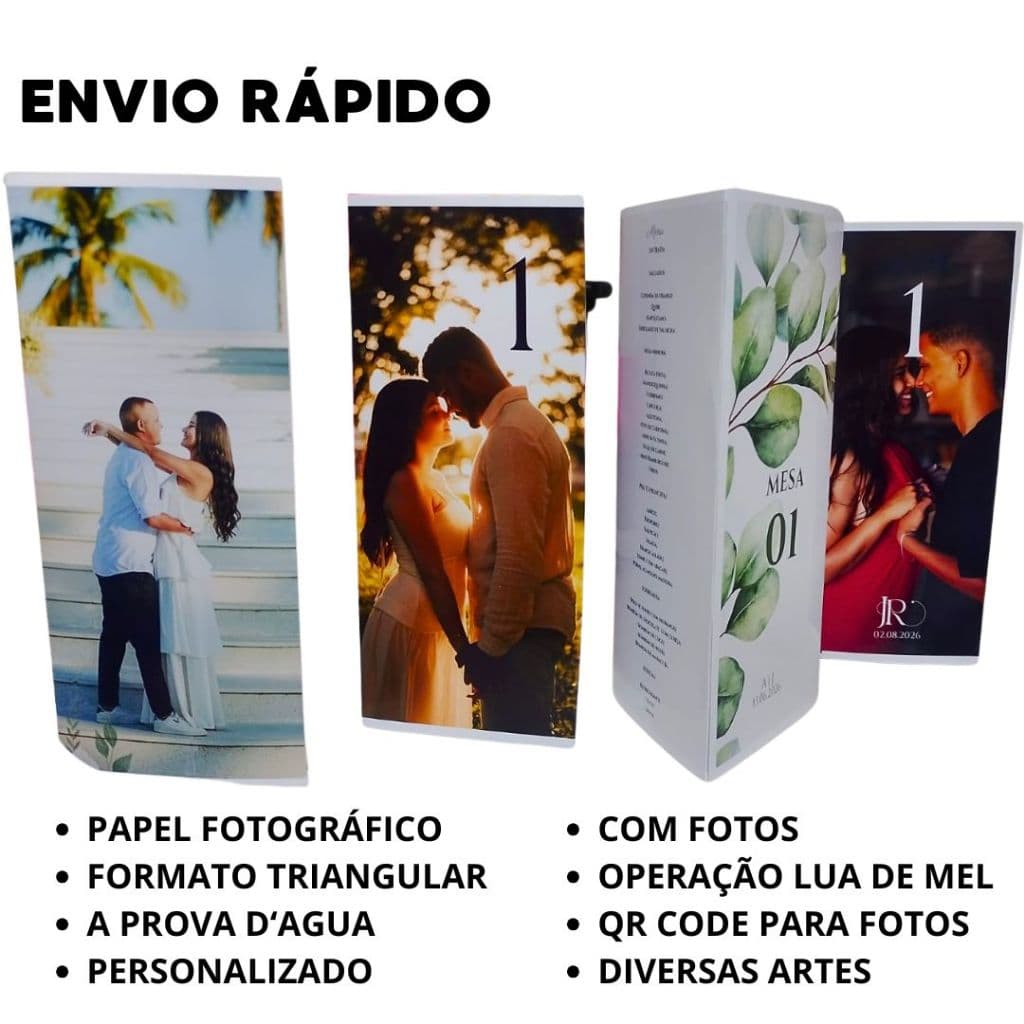 Menu triangular no (Papel Fotográfico) com número da mesa, agradecimentos/foto/casamento/aniversário/debutante/formatura