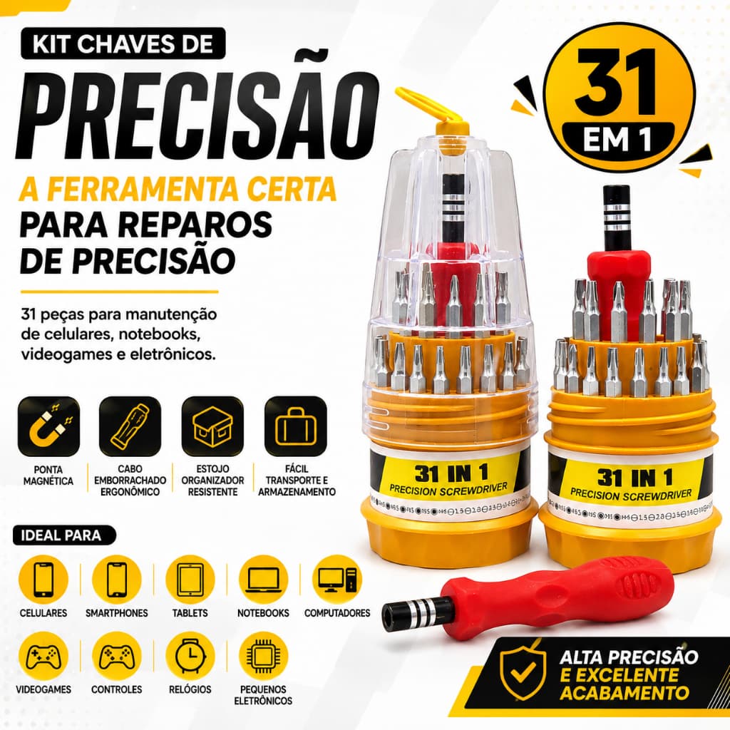 Kit Chaves de Precisão 31 em 1 Jogo Ferramentas Fenda Philips Torx Allen para Celular Notebook Eletrônicos