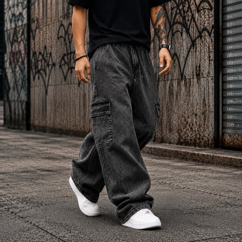 Calça Cargo Unissex Larga Baggy Streetwear Ajustável Bolsos Moda Cargo