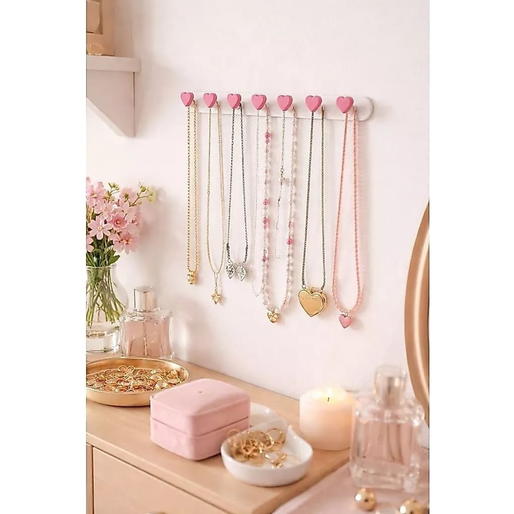 Gancho Organizador de Bijuterias Colar com Ganchos Coração Rosa Suporte de Colares Moderno com 21cm