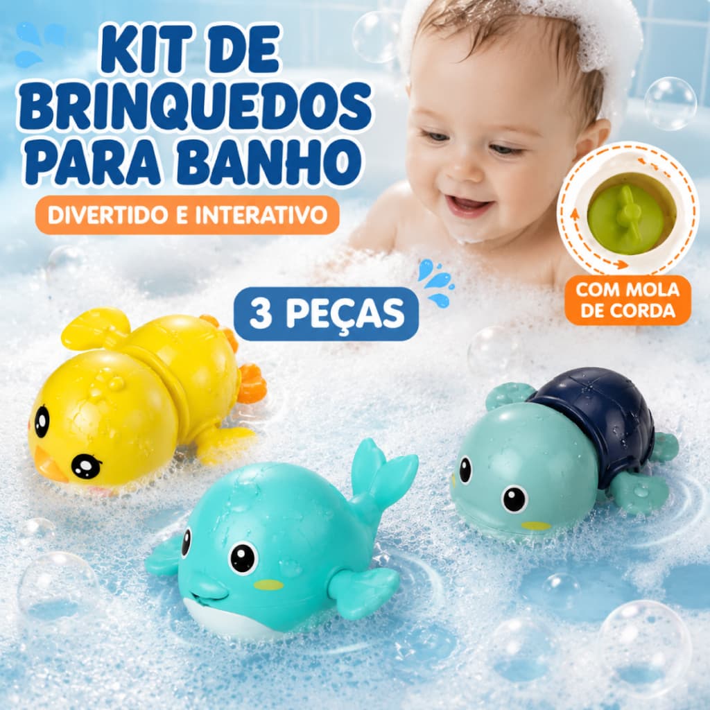 Kit 3 Brinquedo Infantil de Água para Banho Piscina Tartaruga Patinho Baleia