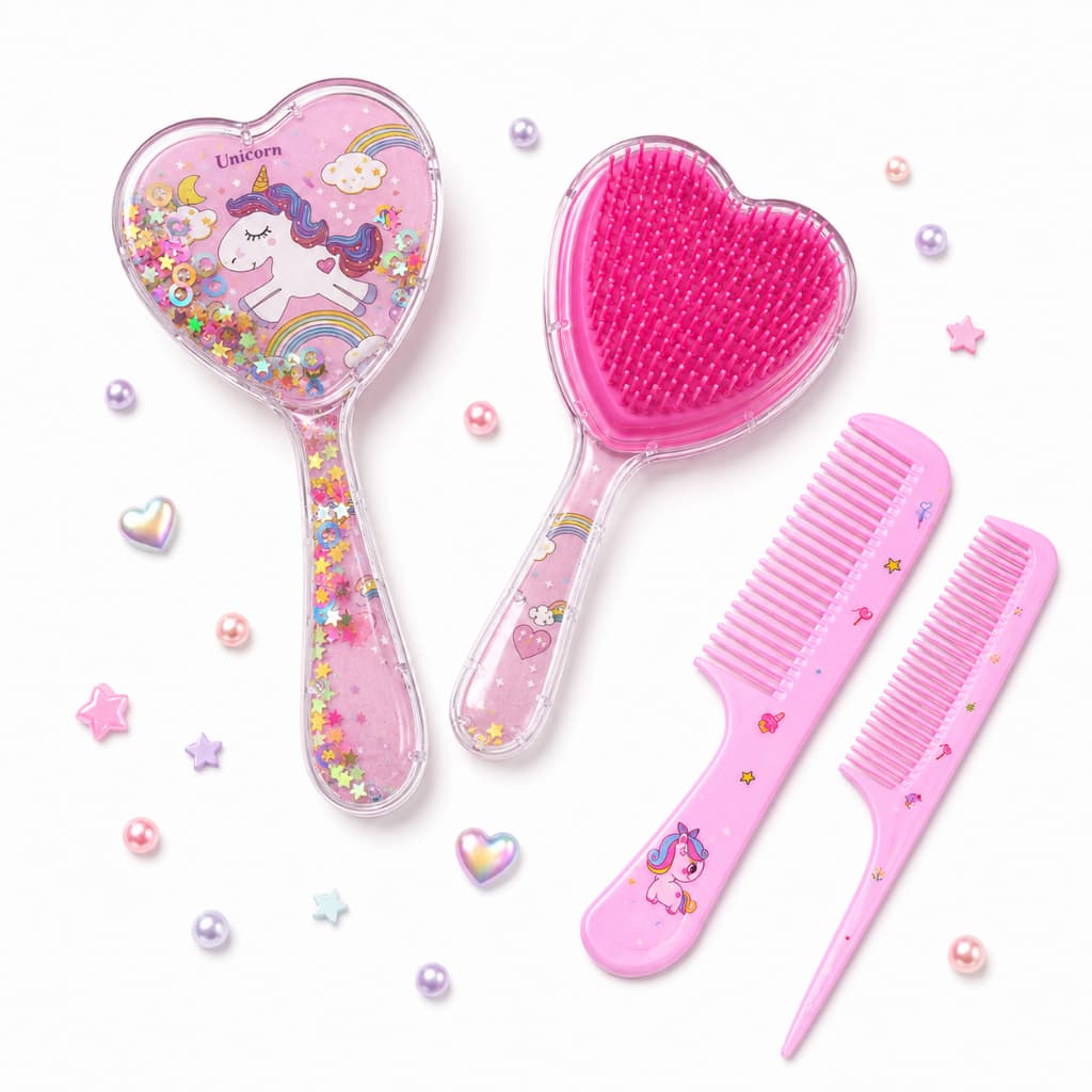 Kit Infantil Unicórnio Escova de Cabelo Coração com 2 Pentes Cerdas Macias Antifrizz
