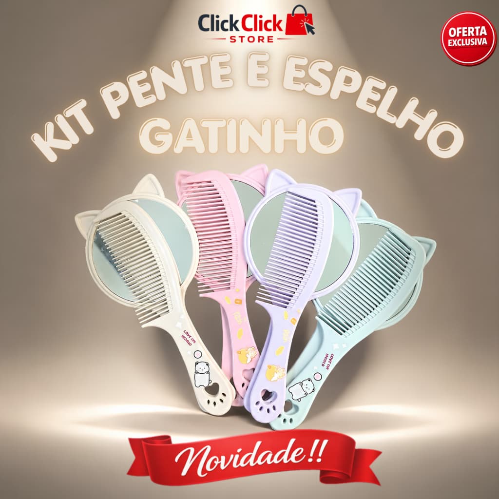 Kit Pente e Espelho Portátil 2 em 1 Orelha de Gato Infantil