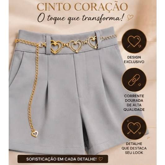 Short Alfaiataria Feminino Cinto Coração Dourado Cintura Alta