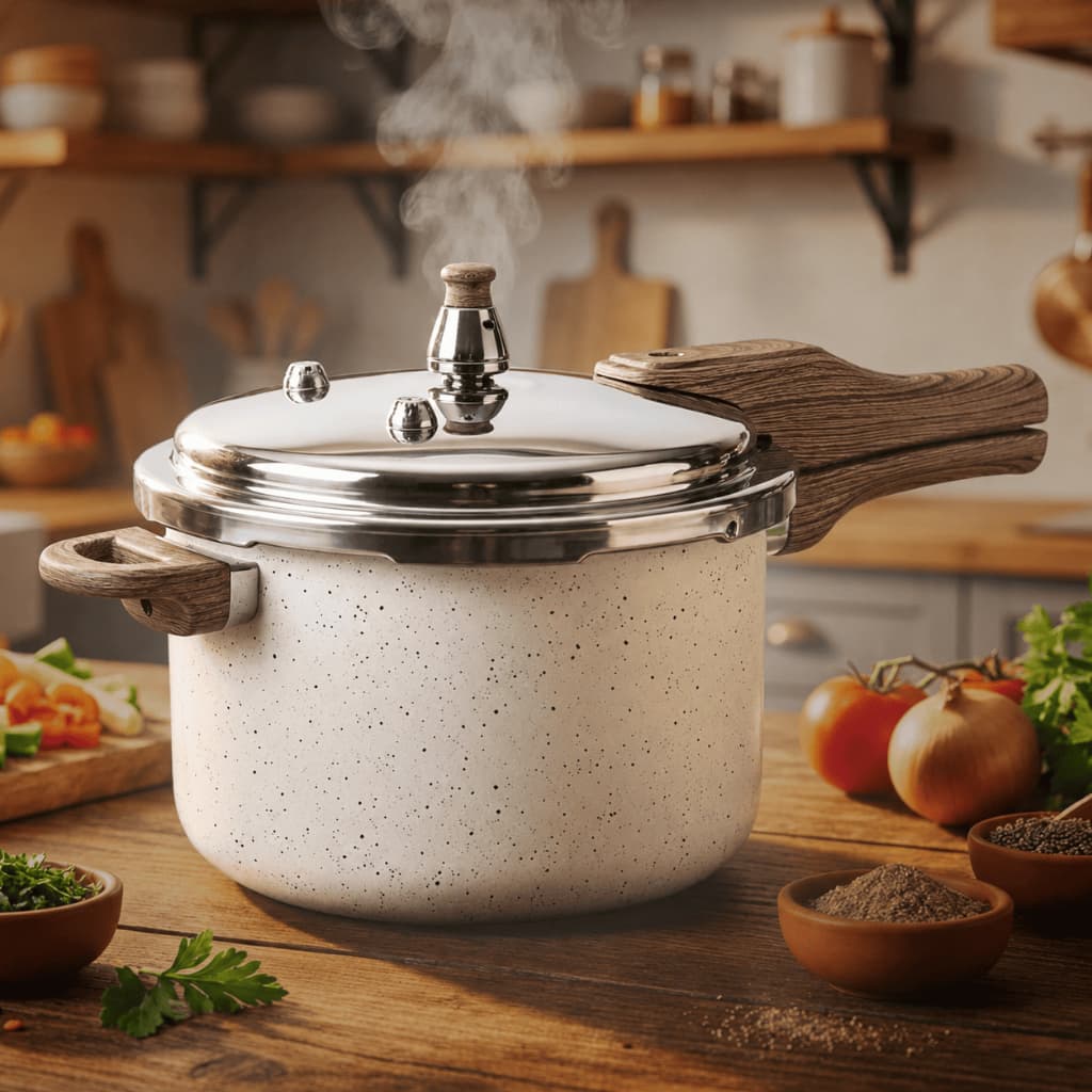 Panela de Pressão Indução Revestimento Cerâmica 4,2L Branca AntiAderente Válvula Segurança Fogão Multiuso Cabo Madeira