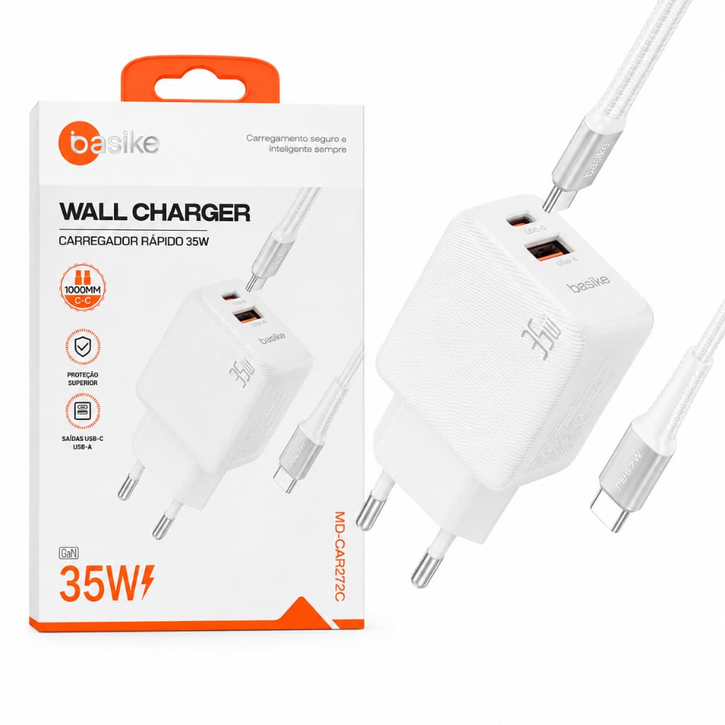 Carregador Turbo Gan 35w Basike Duo Usb - C Power Delivery e Usb - a com Cabo Reforçado Homologado Anatel