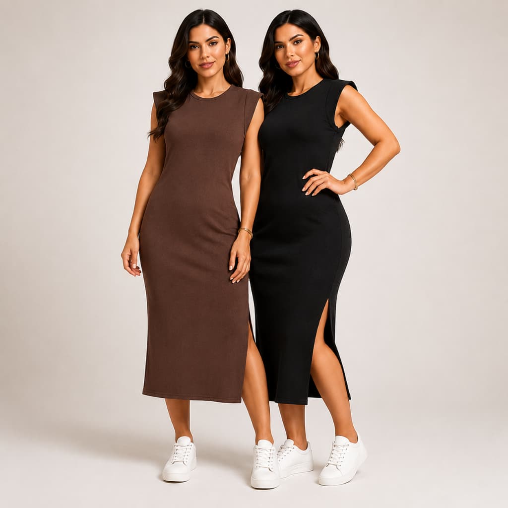 Vestido longo casual basico feminino ribana canelada manga muscle moda gringa preto marrom
