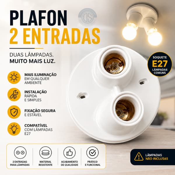 Plafon Duplo de Sobrepor para Teto | Soquete Duplo E27 | Luminária Interna Residencial Comercial