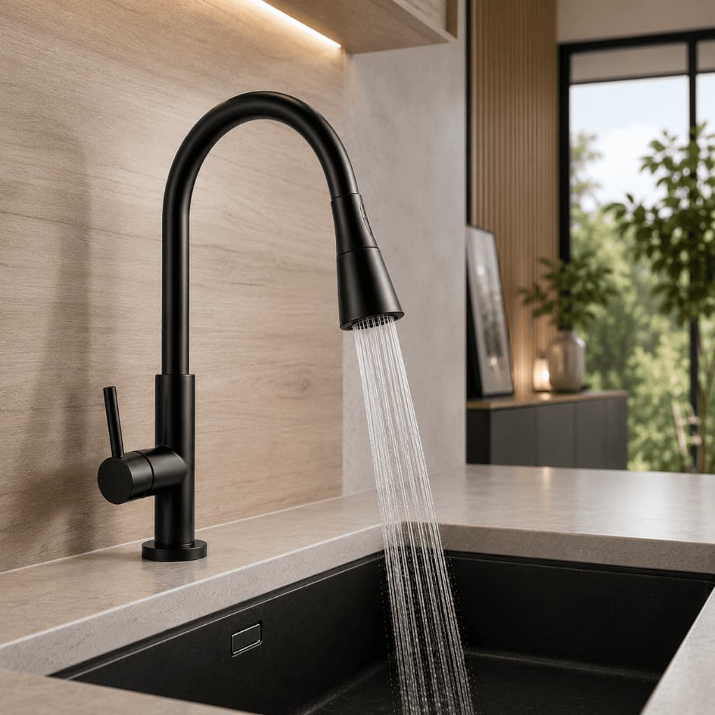Torneira de Cozinha Gourmet Preta para Bancada Flexível Bica Alta 2 Jatos Luxo Premium