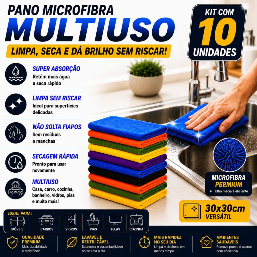 Kit com 10 - Pano Microfibra Flanela - 30 x 30cm - Neves - Multiuso - Limpeza Geral - Multicores