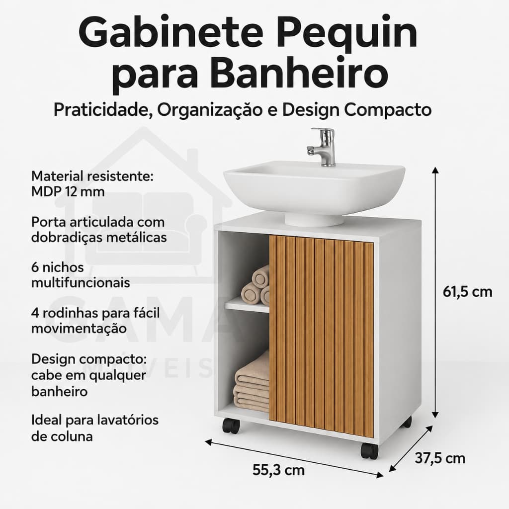 GABINETE DE COLUNA BANHEIRO PEQUIN COM ARMÁRIO, 06 NICHOS, PORTA E RODINHAS PARA MELHOR LOCOMOÇÃO